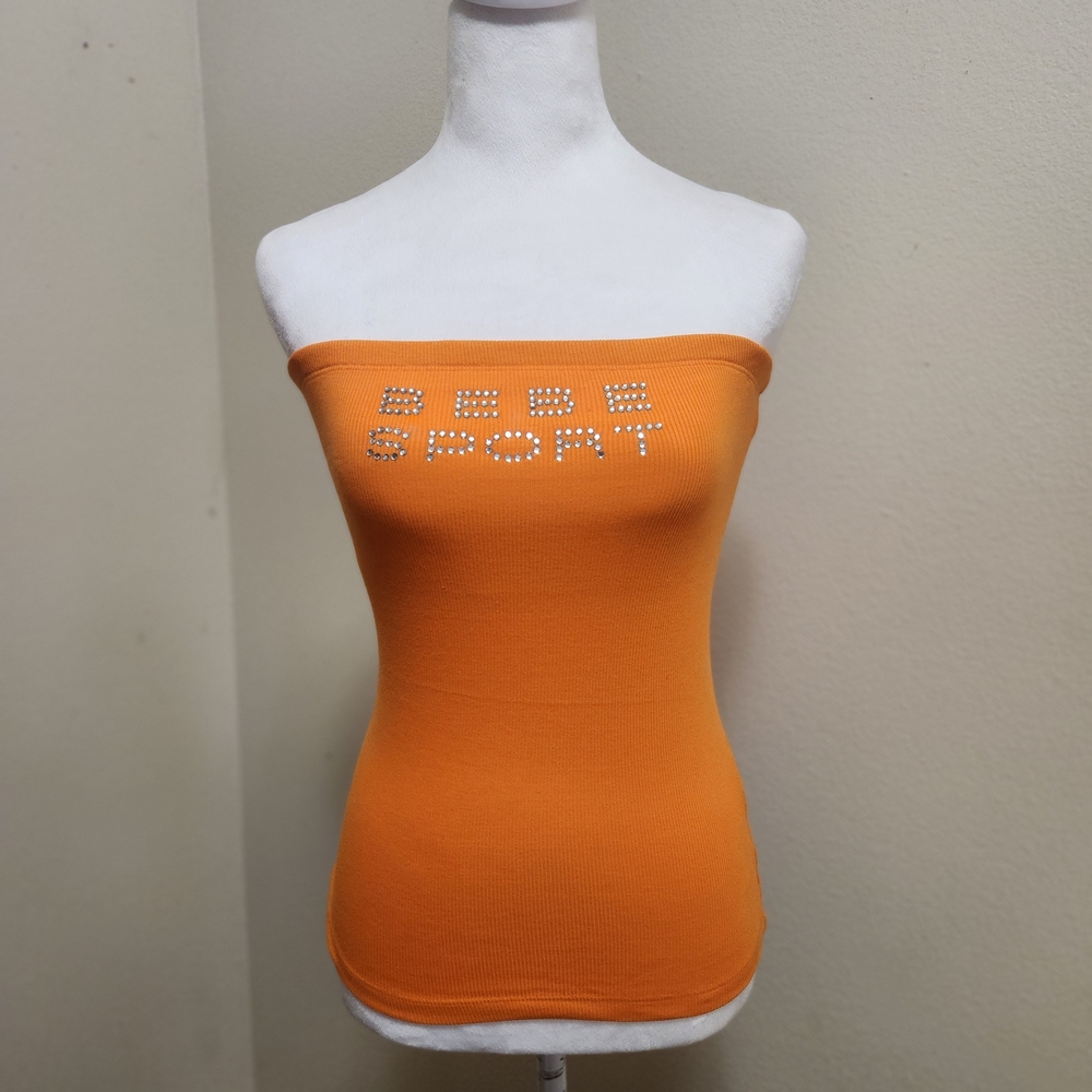 💐Vtg Y2K Bebe Sport Tube Top L Orange Ribbed Rhinestone Bling USA Deadstock - Picture 2 of 14